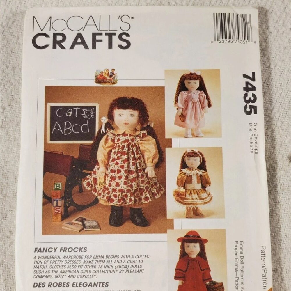 McCall's Crafts 7435 Sewing Patterns 18" Doll Clothes Fancy Frocks